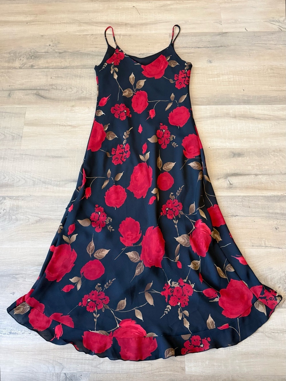 Vintage 90s Black / Red Floral Ruffle Midi Slip Dress - Medium - Picture 3 of 4